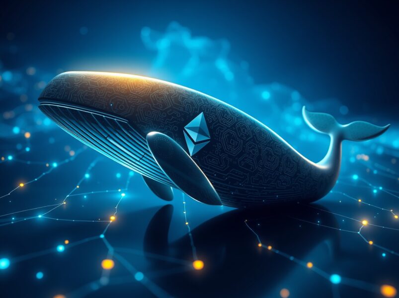 An Ethereum whale represented in a digital ocean, symbolizing a large cryptocurrency holder moving