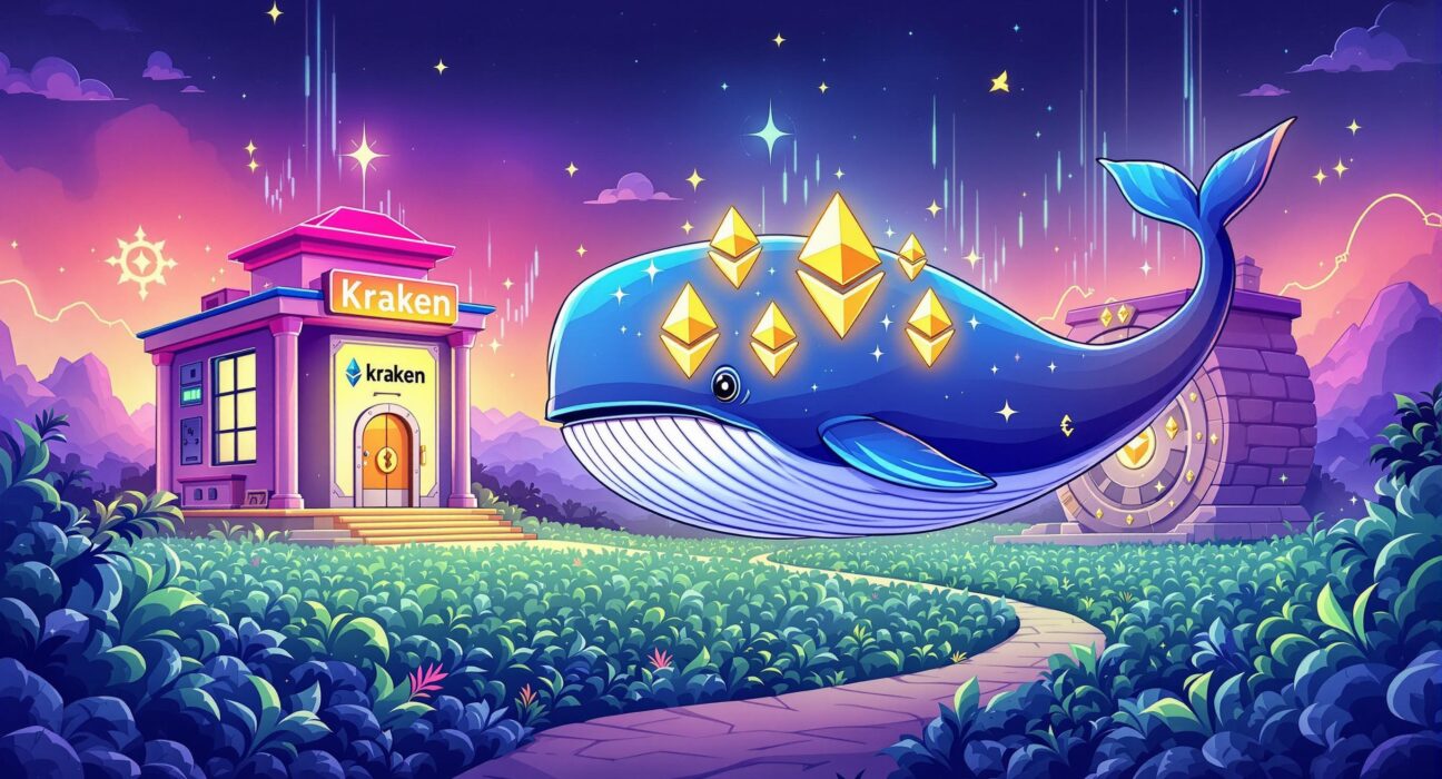 A cartoon illustration of an Ethereum whale withdrawing ETH from Kraken, symbolizing a long-term holding strategy and significant market movement.