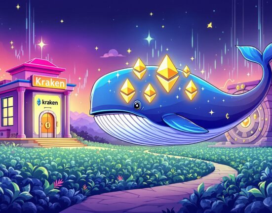 A cartoon illustration of an Ethereum whale withdrawing ETH from Kraken, symbolizing a long-term holding strategy and significant market movement.