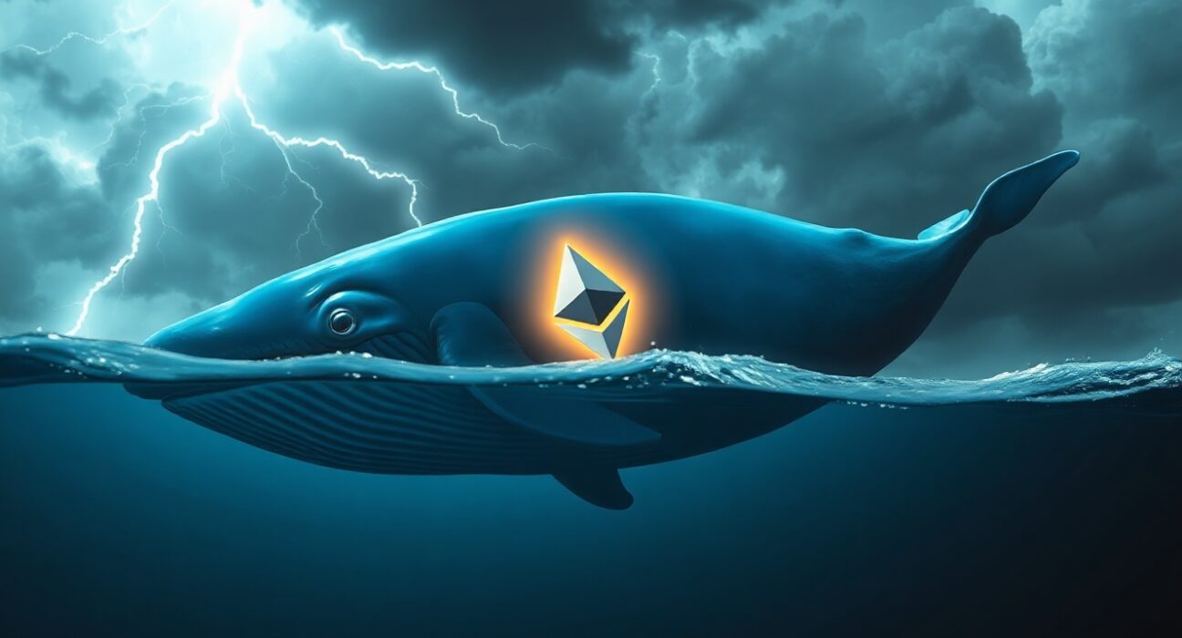 A digital whale with an Ethereum logo swims in a stormy sea, representing a large ETH position near liquidation.