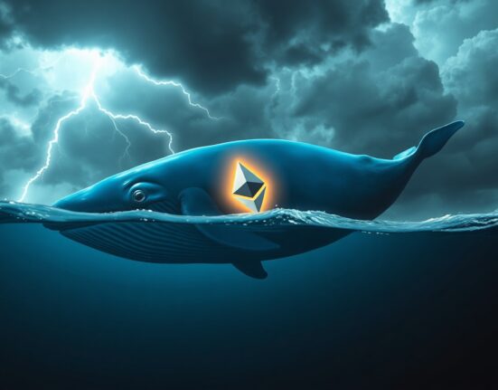 A digital whale with an Ethereum logo swims in a stormy sea, representing a large ETH position near liquidation.