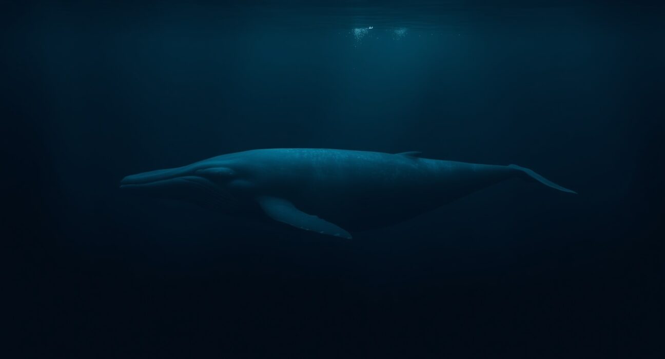 A lone whale swimming in dark ocean water, representing a crypto whale incurring a loss.