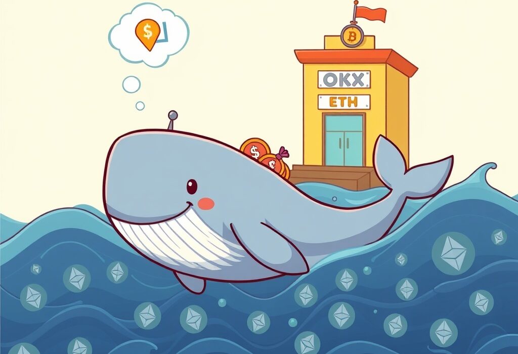Cartoon illustration of an Ethereum whale depositing ETH to an exchange, symbolizing a significant profit-taking event.