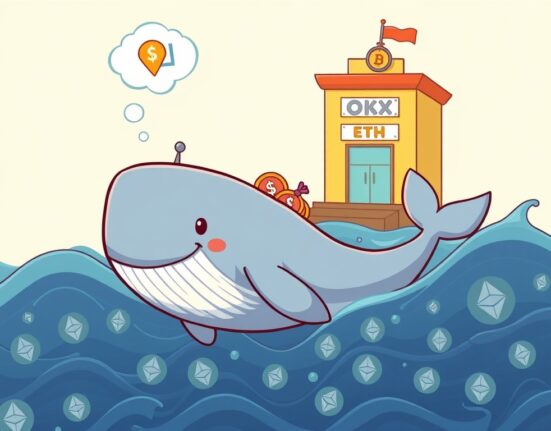 Cartoon illustration of an Ethereum whale depositing ETH to an exchange, symbolizing a significant profit-taking event.