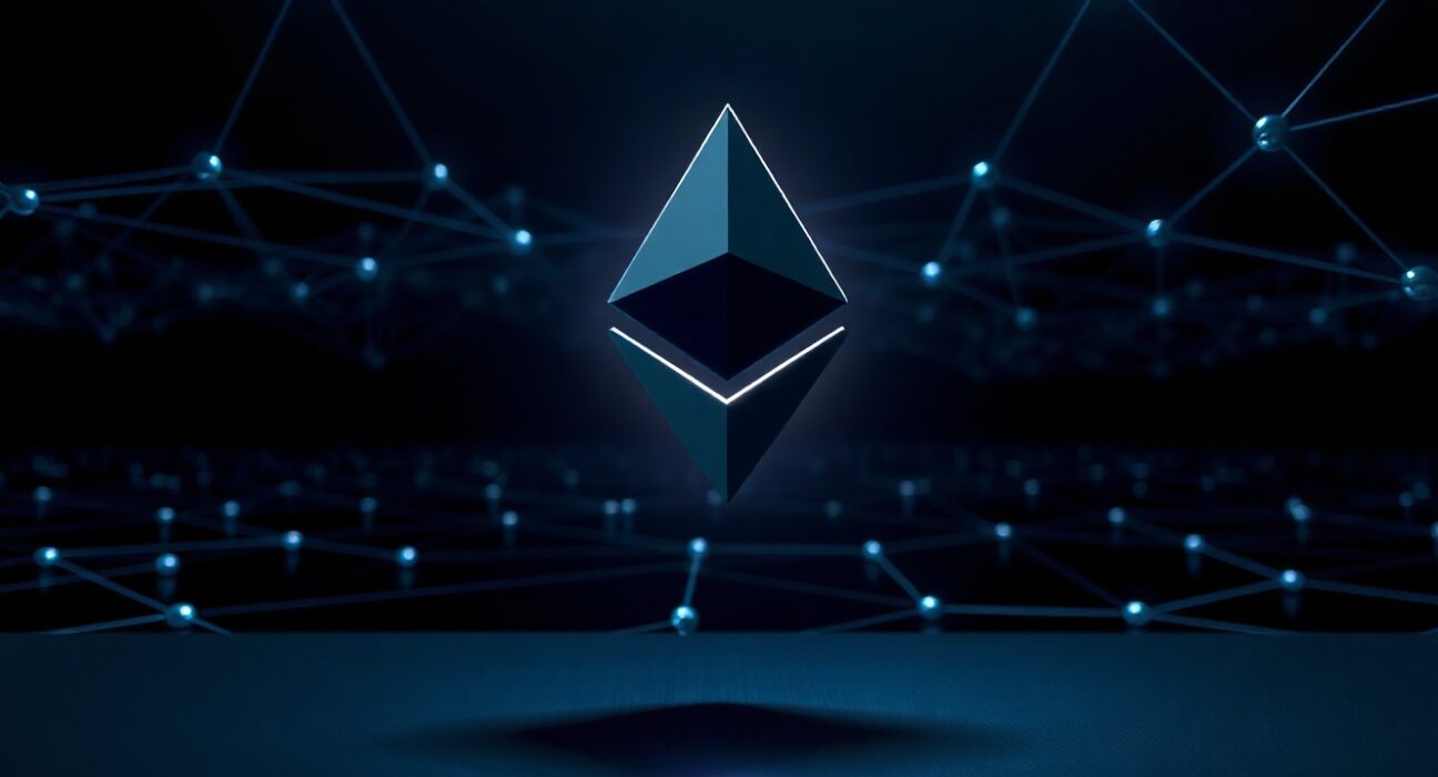 Large Ethereum symbol floating above a digital blockchain network representing a major crypto transfer.