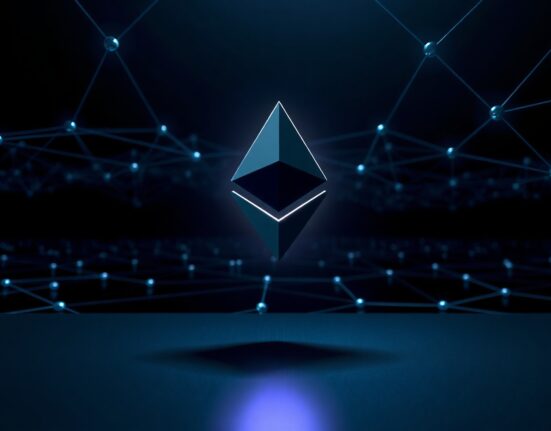 Large Ethereum symbol floating above a digital blockchain network representing a major crypto transfer.