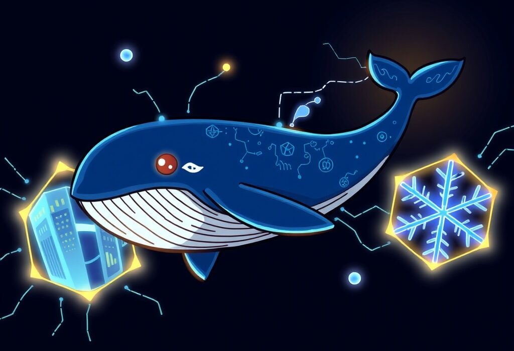 A vibrant cartoon illustration depicting an Ethereum whale moving digital assets between the Binance and Avalanche blockchains, symbolizing a large crypto transfer.