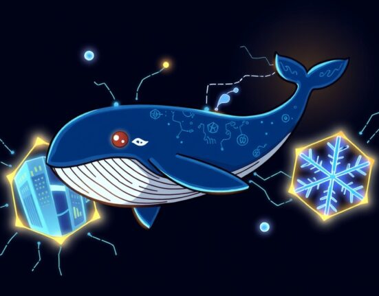 A vibrant cartoon illustration depicting an Ethereum whale moving digital assets between the Binance and Avalanche blockchains, symbolizing a large crypto transfer.