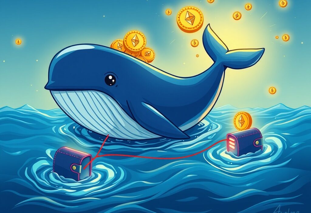 Cartoon illustration depicting a significant Ethereum whale movement, showing a large whale transferring ETH between digital wallets, highlighting crypto market shifts.