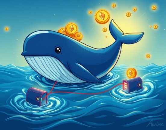 Cartoon illustration depicting a significant Ethereum whale movement, showing a large whale transferring ETH between digital wallets, highlighting crypto market shifts.