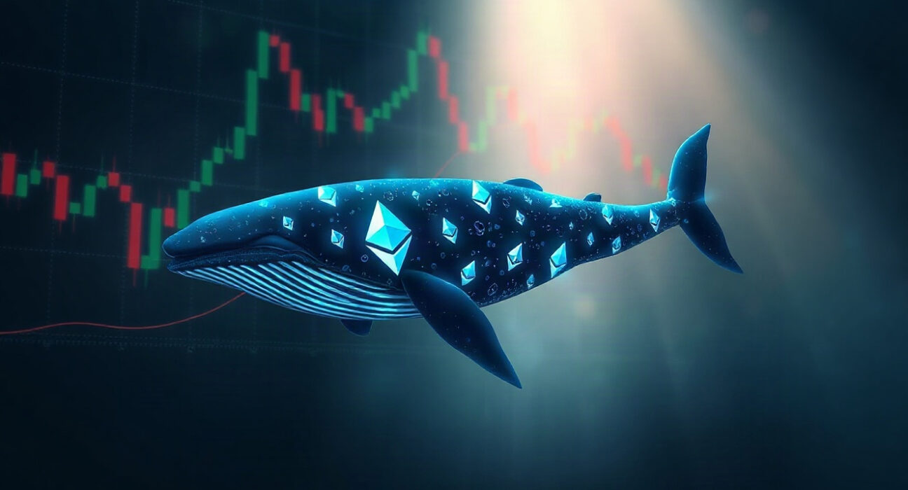 Digital whale made of Ethereum symbols swimming through financial charts, representing large ETH transfers.