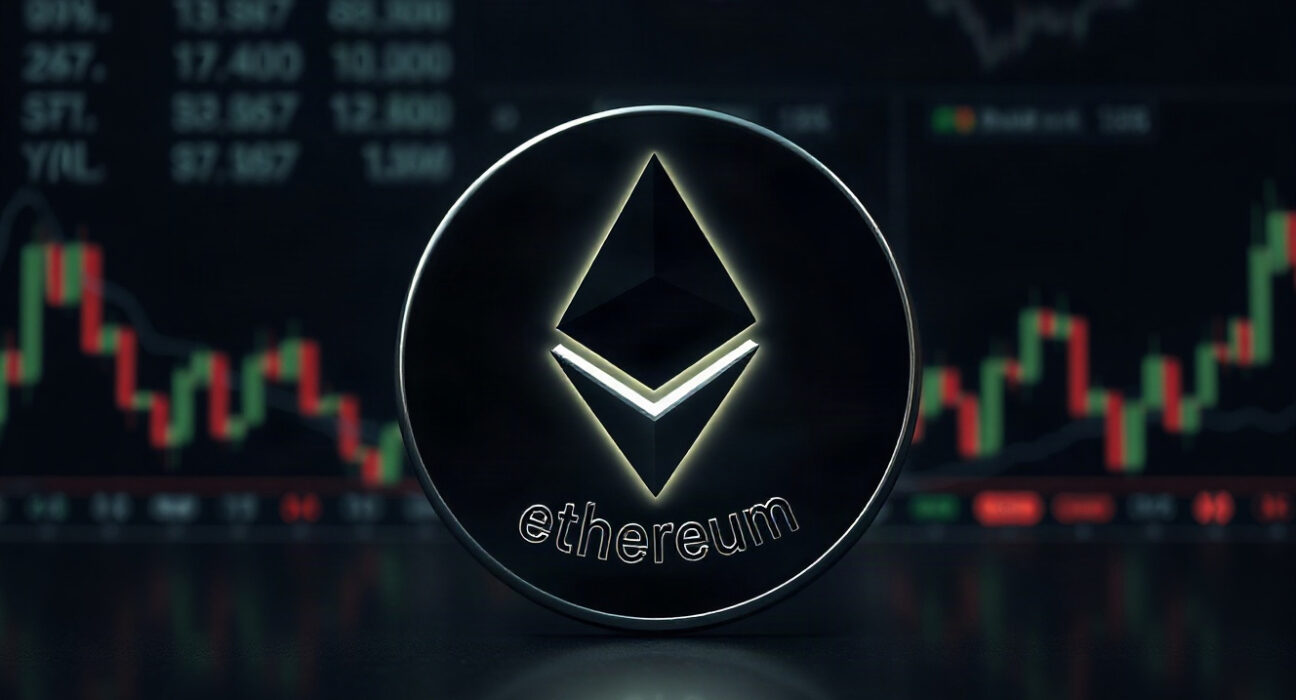 Ethereum coin in a dark trading environment, symbolizing whale activity.