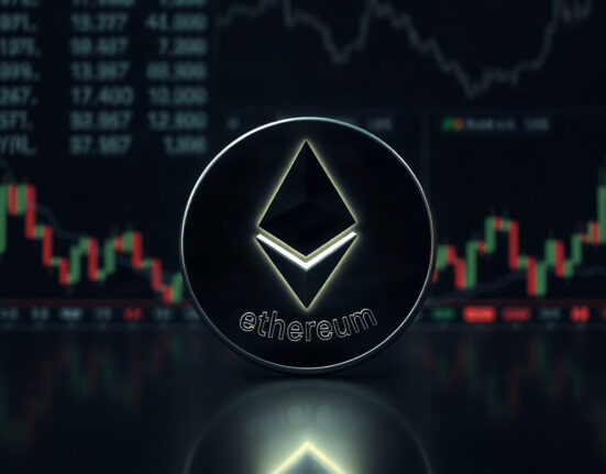 Ethereum coin in a dark trading environment, symbolizing whale activity.