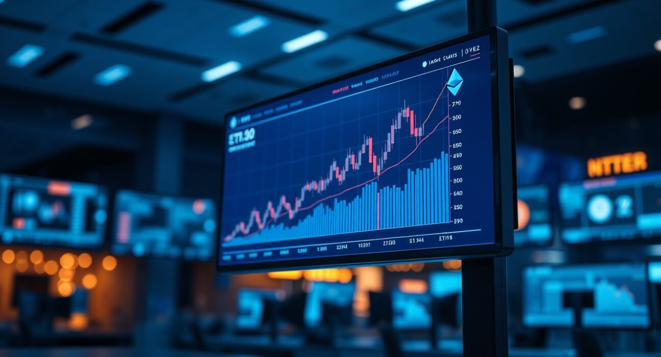 Ethereum price chart on a trading screen in a professional trading environment