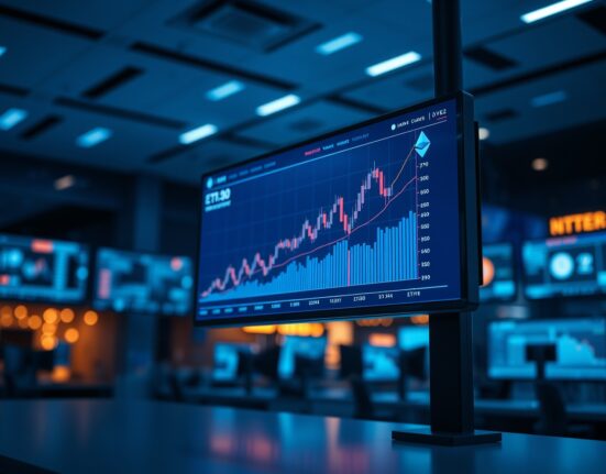 Ethereum price chart on a trading screen in a professional trading environment
