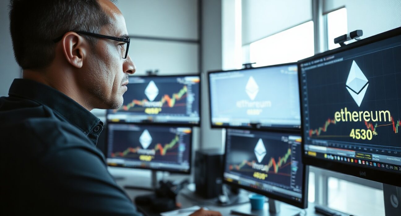 A professional trader monitoring cryptocurrency charts on multiple screens in a modern office.