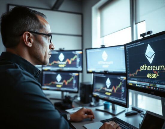 A professional trader monitoring cryptocurrency charts on multiple screens in a modern office.