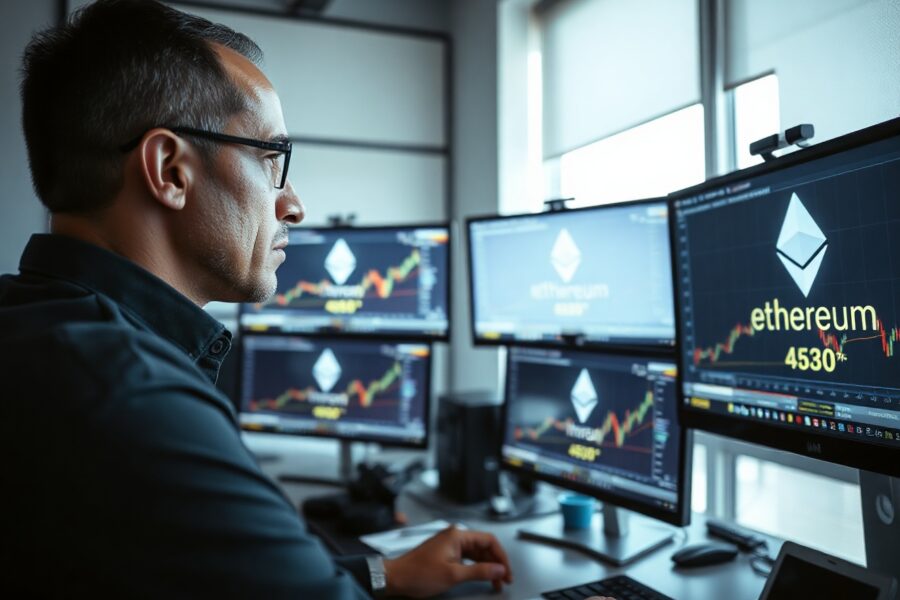 A professional trader monitoring cryptocurrency charts on multiple screens in a modern office.