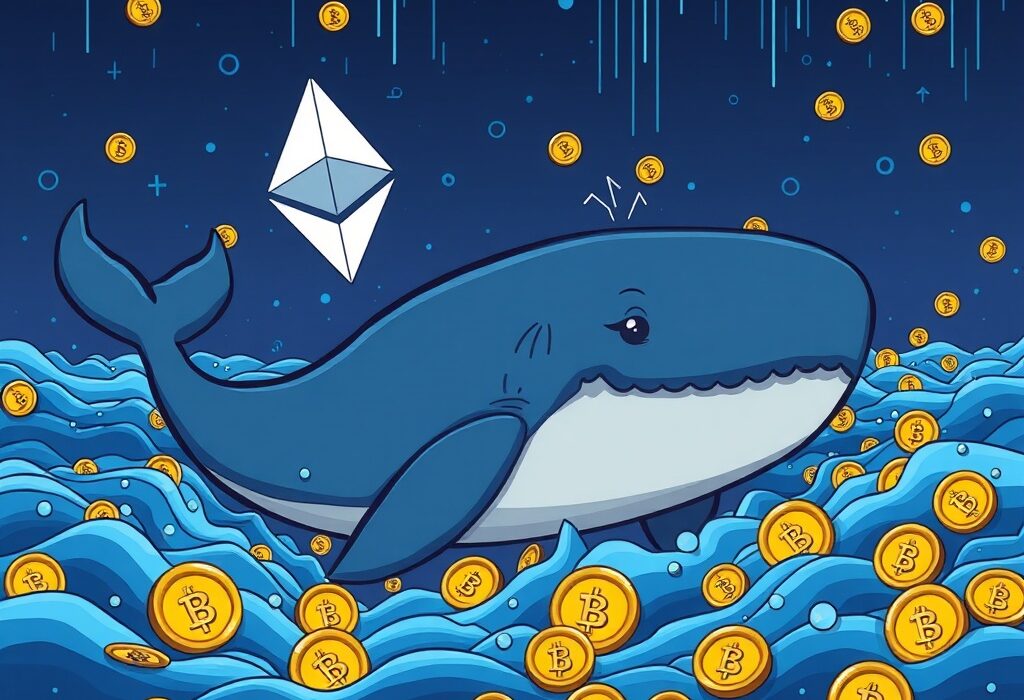 A cartoon whale moving a large amount of Ethereum (ETH) coins, representing an an Ethereum whale's significant market action.