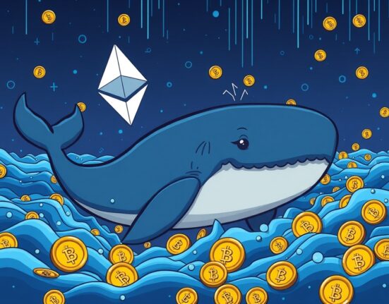A cartoon whale moving a large amount of Ethereum (ETH) coins, representing an an Ethereum whale's significant market action.