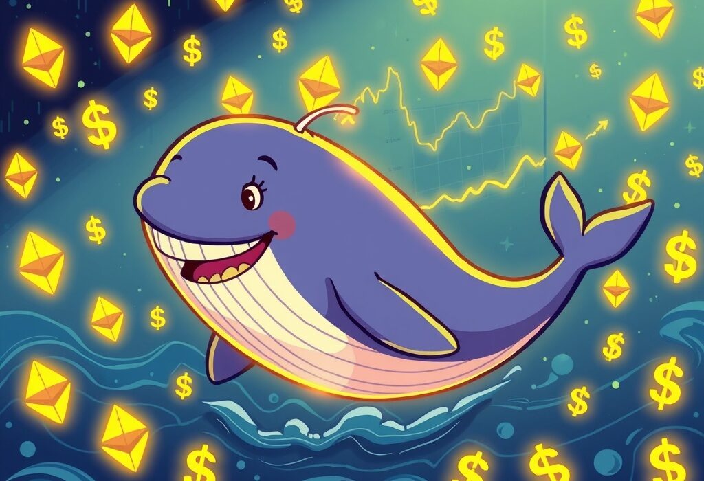 Cartoon illustration of a whale happily surrounded by Ethereum and money, symbolizing a significant Ethereum whale profit from a recent trade.