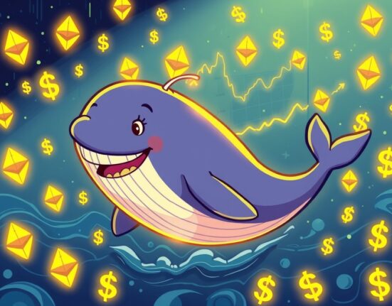 Cartoon illustration of a whale happily surrounded by Ethereum and money, symbolizing a significant Ethereum whale profit from a recent trade.