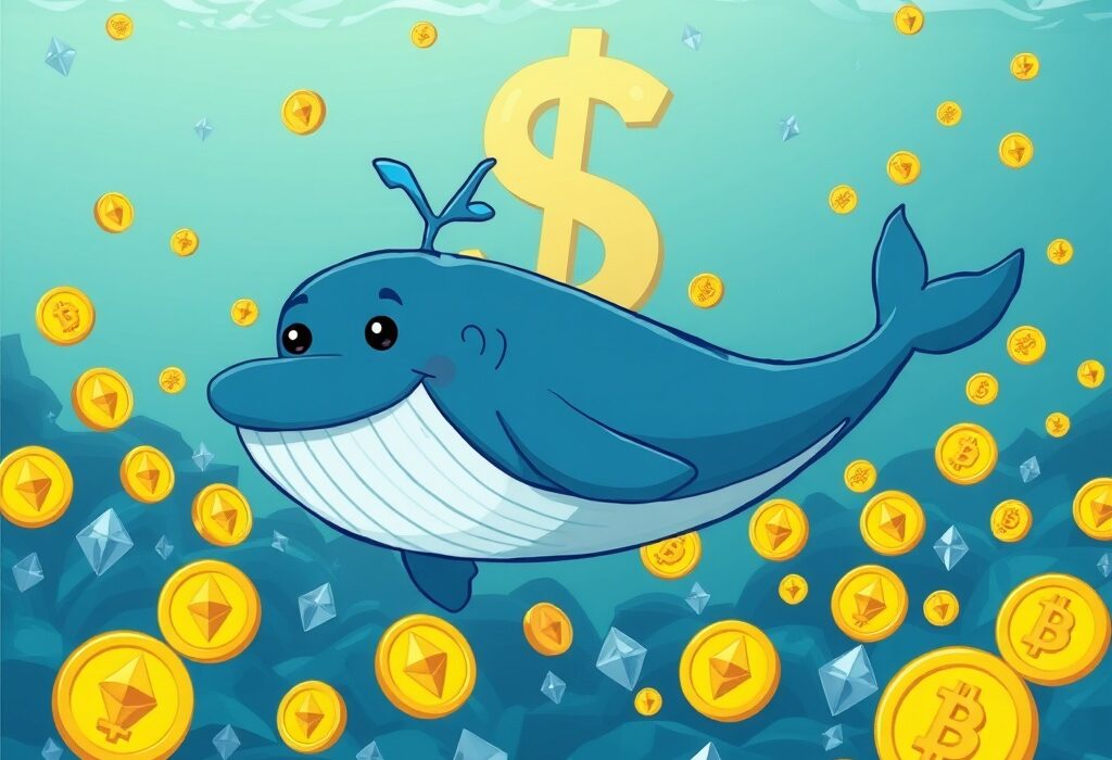 A cartoon illustration of a large, happy whale swimming through Ethereum symbols, symbolizing a successful ETH whale profit.