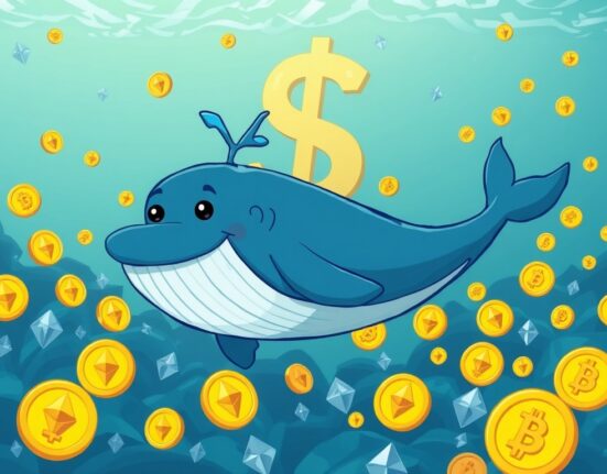 A cartoon illustration of a large, happy whale swimming through Ethereum symbols, symbolizing a successful ETH whale profit.