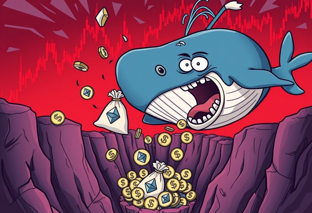 Cartoon whale showing panic during an Ethereum whale sell-off, dropping ETH tokens and incurring significant losses.