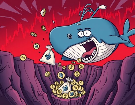 Cartoon whale showing panic during an Ethereum whale sell-off, dropping ETH tokens and incurring significant losses.