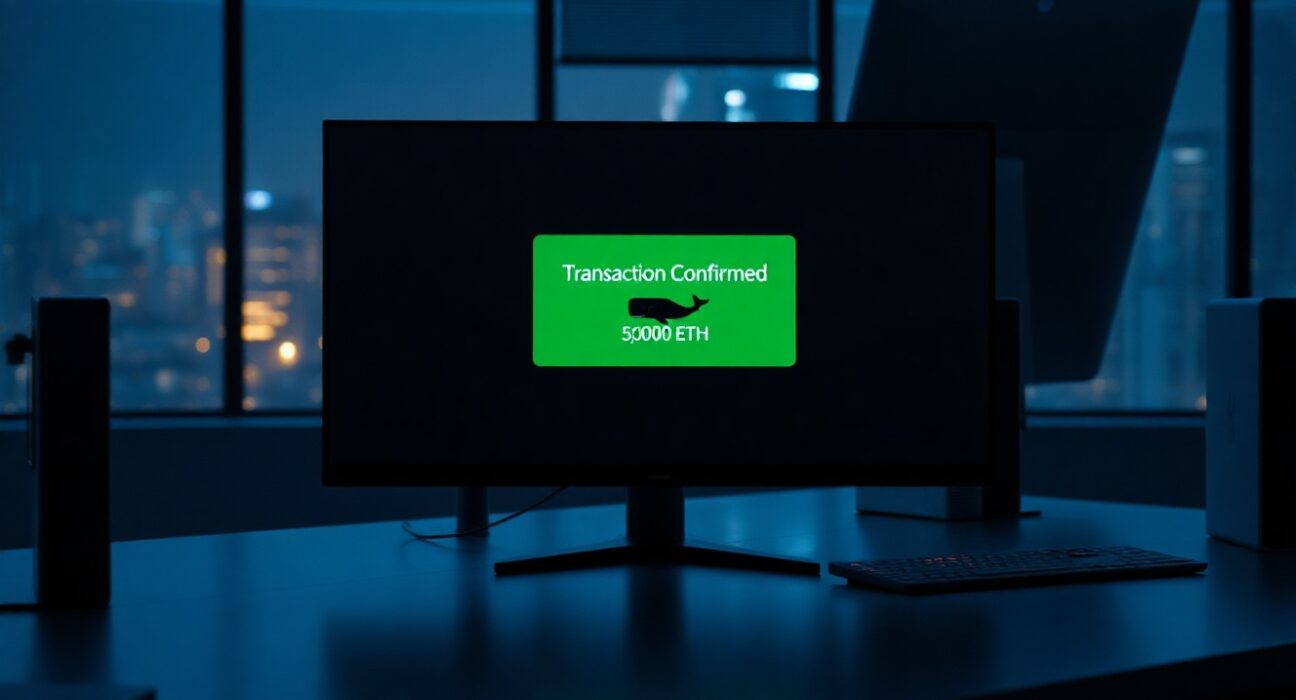 Digital trading desk monitor displaying a confirmed 5,000 ETH transaction notification with a whale icon