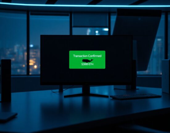 Digital trading desk monitor displaying a confirmed 5,000 ETH transaction notification with a whale icon