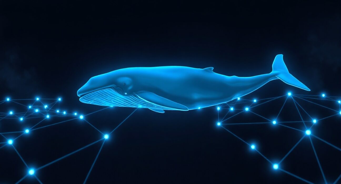Digital whale swimming through Ethereum blockchain nodes representing a large ETH transaction