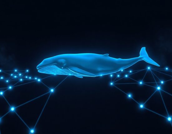 Digital whale swimming through Ethereum blockchain nodes representing a large ETH transaction