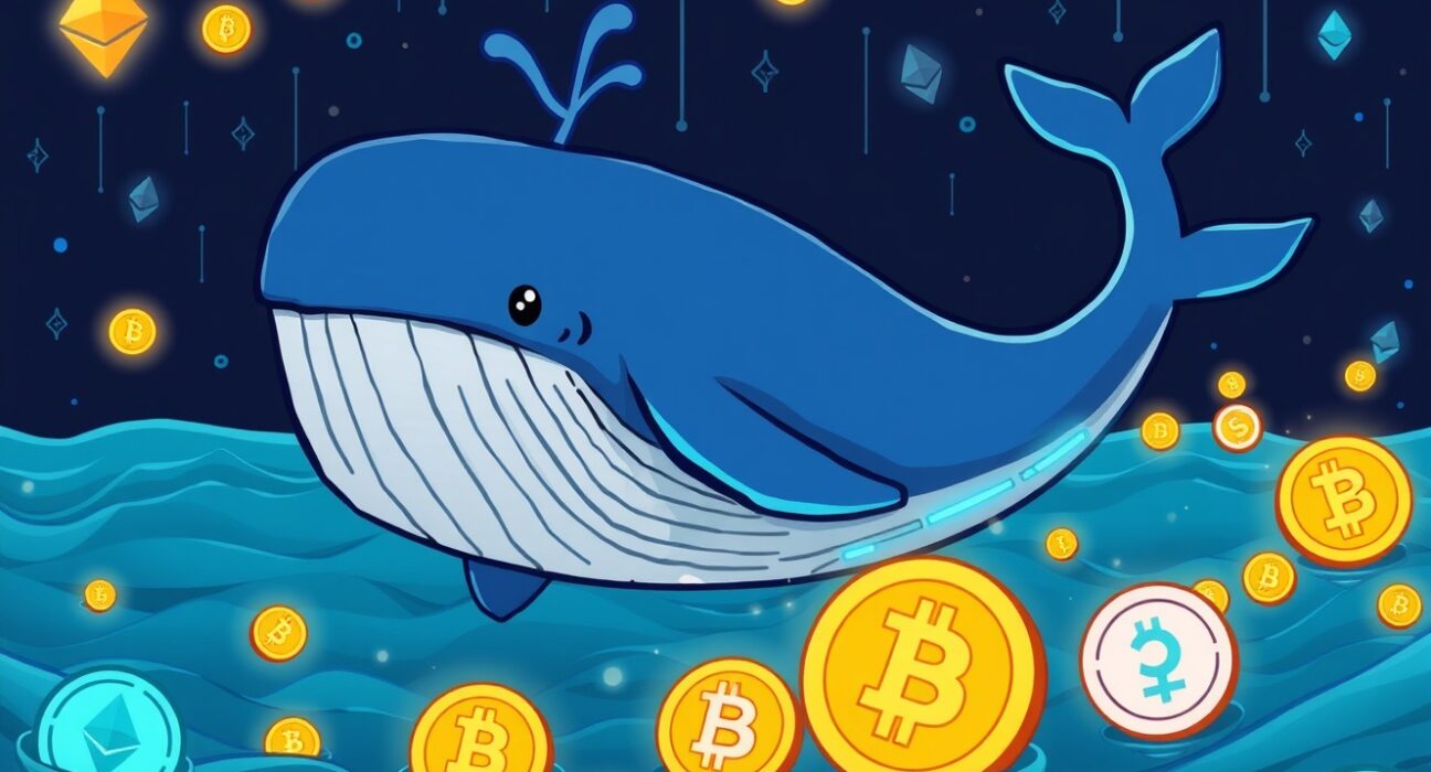 A cartoon Ethereum whale makes a significant transaction, symbolizing the impact of large dormant wallets on the crypto market.