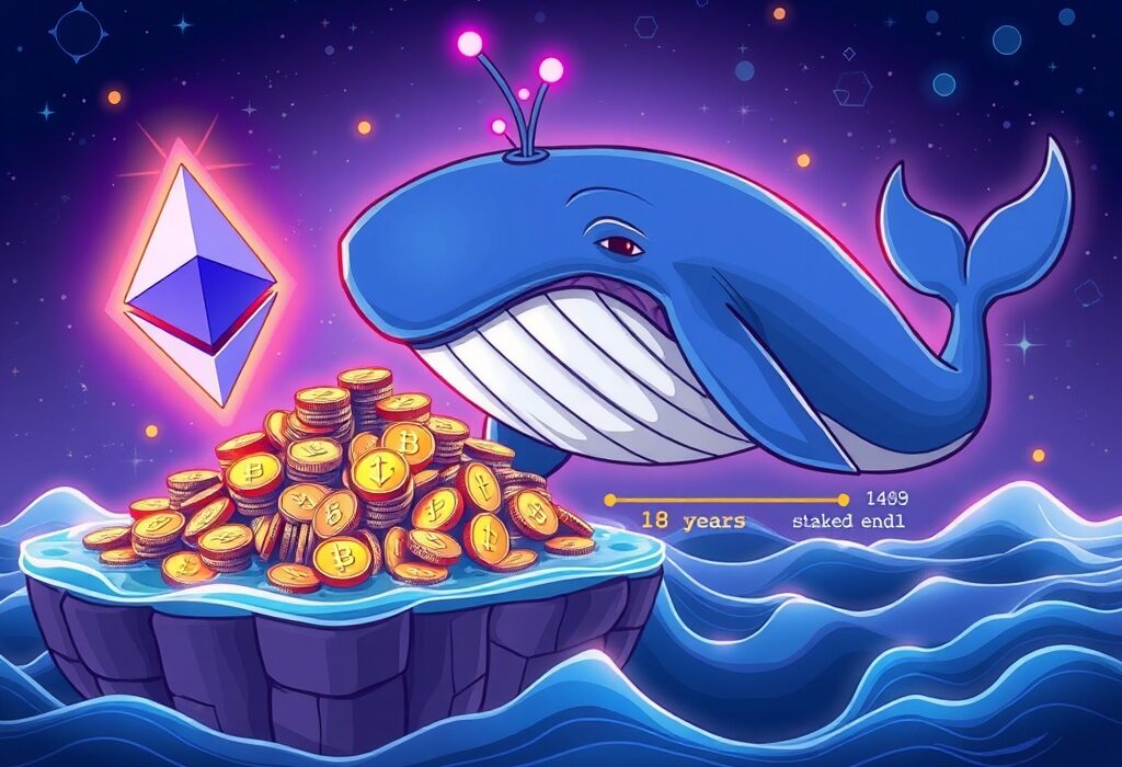 Cartoon illustration of a massive Ethereum whale staking a large amount of ETH, symbolizing a significant market event.