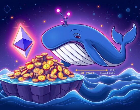 Cartoon illustration of a massive Ethereum whale staking a large amount of ETH, symbolizing a significant market event.
