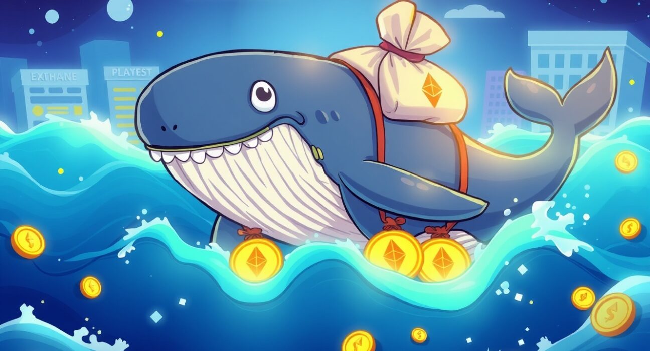 Giant whale carrying ETH transferred through blockchain waves in cryptocurrency market