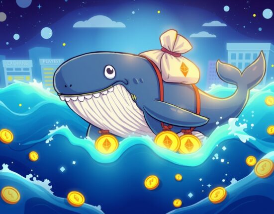 Giant whale carrying ETH transferred through blockchain waves in cryptocurrency market