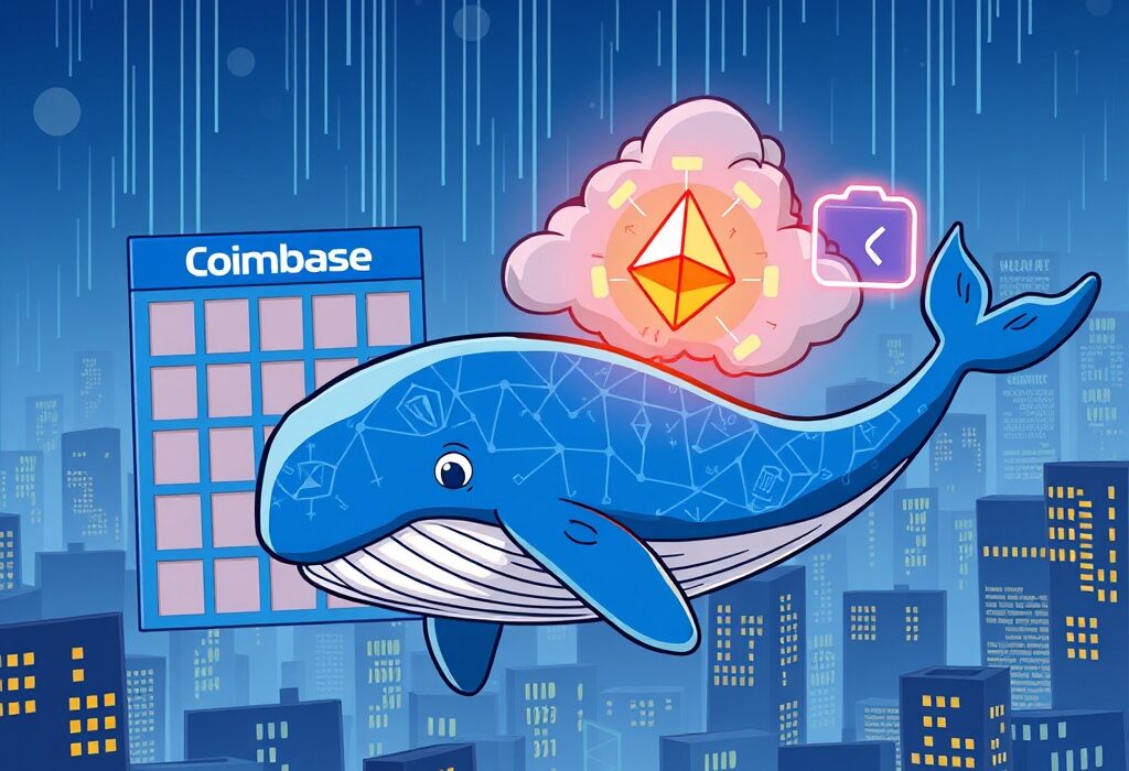 Cartoon illustration of an Ethereum whale transfer from a crypto exchange to an unknown digital wallet, symbolizing significant market movement.