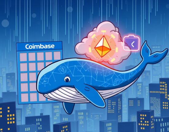 Cartoon illustration of an Ethereum whale transfer from a crypto exchange to an unknown digital wallet, symbolizing significant market movement.