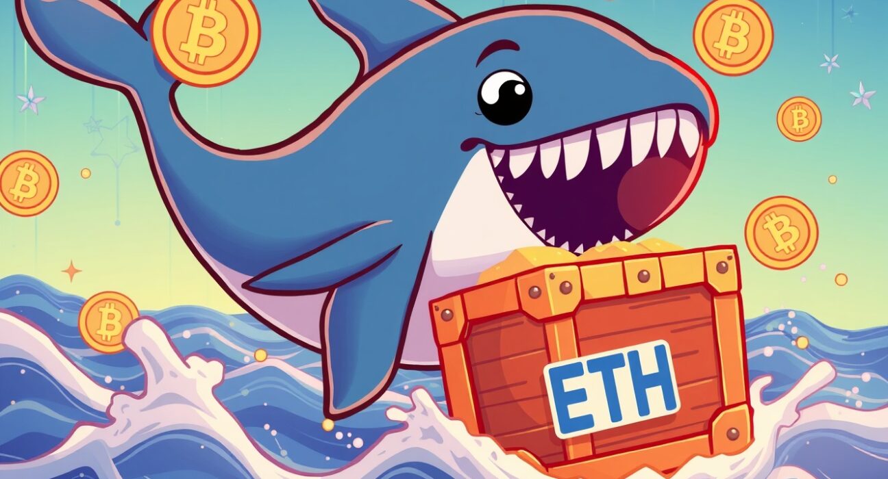 Cartoon whale carrying ETH treasure chest representing massive cryptocurrency transfer