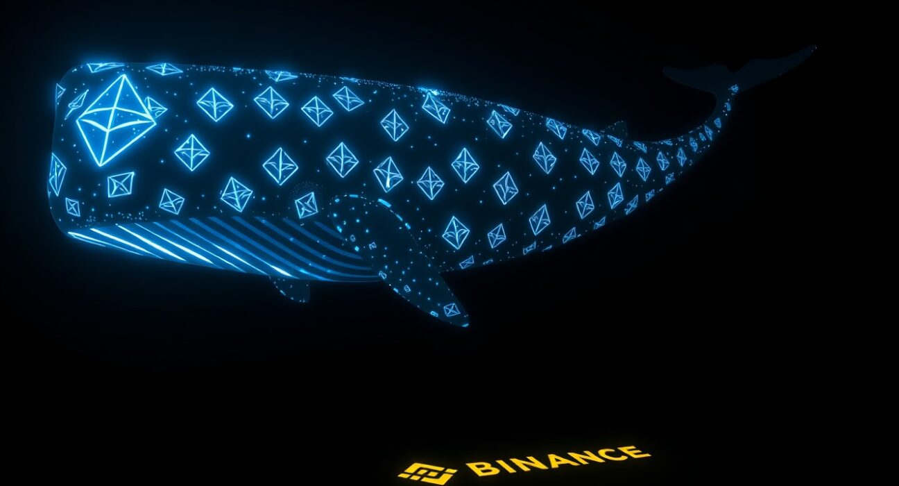 A digital whale made of Ethereum symbols swimming in a dark ocean with the Binance logo.