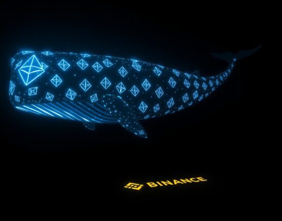A digital whale made of Ethereum symbols swimming in a dark ocean with the Binance logo.