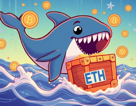 Cartoon whale carrying ETH treasure chest representing massive cryptocurrency transfer