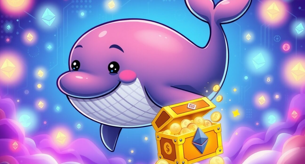 A cartoon whale symbolizing a large ETH transferred between digital wallets in the cryptocurrency market.