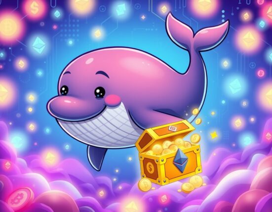 A cartoon whale symbolizing a large ETH transferred between digital wallets in the cryptocurrency market.