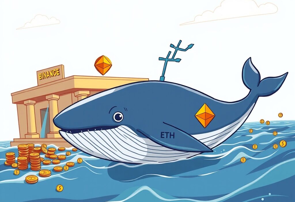 Cartoon illustration showing a significant Ethereum whale withdrawal from a crypto exchange, symbolizing large ETH movement.