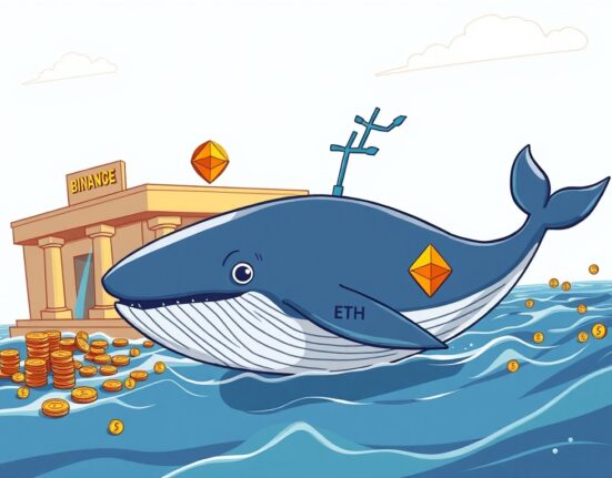 Cartoon illustration showing a significant Ethereum whale withdrawal from a crypto exchange, symbolizing large ETH movement.