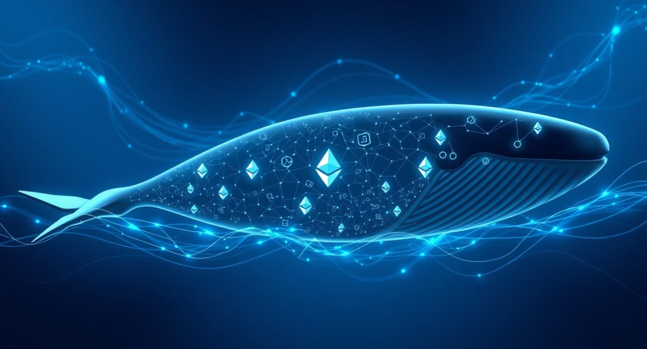 Digital representation of an Ethereum whale transaction moving funds from an exchange to custody.